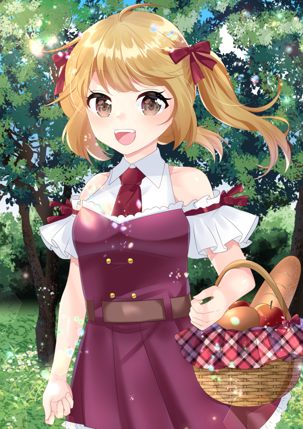 1girl :d baguette bangs bare_shoulders basket belt blush bow bread brown_belt brown_eyes brown_hair collared_shirt commentary_request day dress eyebrows_visible_through_hair fangs food hair_bow holding holding_basket misaki_(misaki86) neckerchief open_mouth original outdoors plaid pleated_dress purple_dress red_apple red_bow red_neckwear shirt sleeveless sleeveless_shirt smile solo strapless strapless_dress tree twintails unmoving_pattern upper_teeth white_shirt