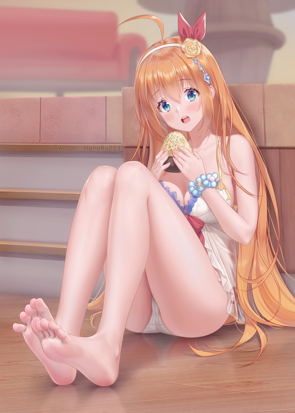 1girl bare_legs bare_shoulders barefoot blue_eyes bound breasts feet floor hair_ribbon haneru highres large_breasts long_hair looking_at_viewer no_shoes open_mouth orange_hair panties pecorine_(princess_connect!) princess_connect! princess_connect!_re:dive ribbon swimsuit tied_up underwear