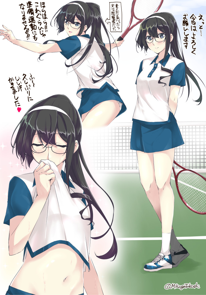 1girl alternate_costume bangs black_hair blue_skirt blush closed_eyes eyebrows_visible_through_hair glasses hairband headband heart holding kantai_collection long_hair mikage_takashi multiple_views ooyodo_(kantai_collection) panties pantyshot ponytail racket shirt short_sleeves skirt smile socks sportswear sweat tennis_racket tennis_uniform translation_request twitter_username underwear white_headband white_legwear white_panties wiping_sweat