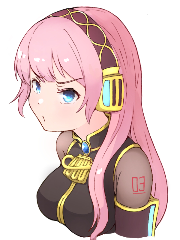 1girl angry armband black_shirt breasts commentary cropped_torso gold_trim headphones long_hair matsuhisa_(ryo-tsuda1) medium_breasts megurine_luka pink_hair pouty_lips see-through shirt shoulder_tattoo solo tattoo upper_body v-shaped_eyebrows vocaloid white_background