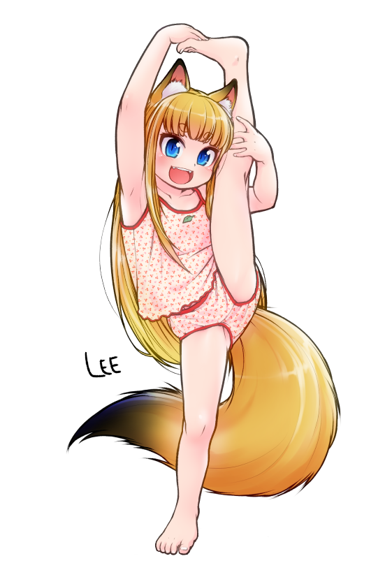 1girl :d animal_ear_fluff animal_ears arm_up armpits artist_name bangs bare_legs barefoot blonde_hair blue_eyes blunt_bangs camisole commentary_request eyebrows_visible_through_hair fangs feet fox_ears fox_girl fox_tail full_body hand_on_own_foot hand_on_own_leg komugi_(lee) lee_(colt) leg_up legs long_hair looking_at_viewer open_mouth original panties pink_camisole pink_panties simple_background slit_pupils smile solo split standing standing_on_one_leg standing_split tail thighs toes underwear underwear_only very_long_hair white_background