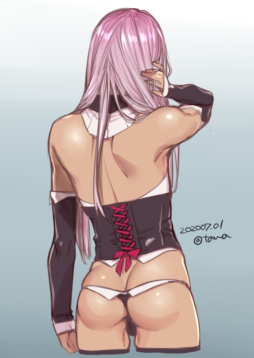 1boy ass back black_legwear black_panties corset crossdressinging dark_skin detached_sleeves highres long_hair original otoko_no_ko panties purple_hair shiny shiny_skin solo tawapo thigh-highs underwear