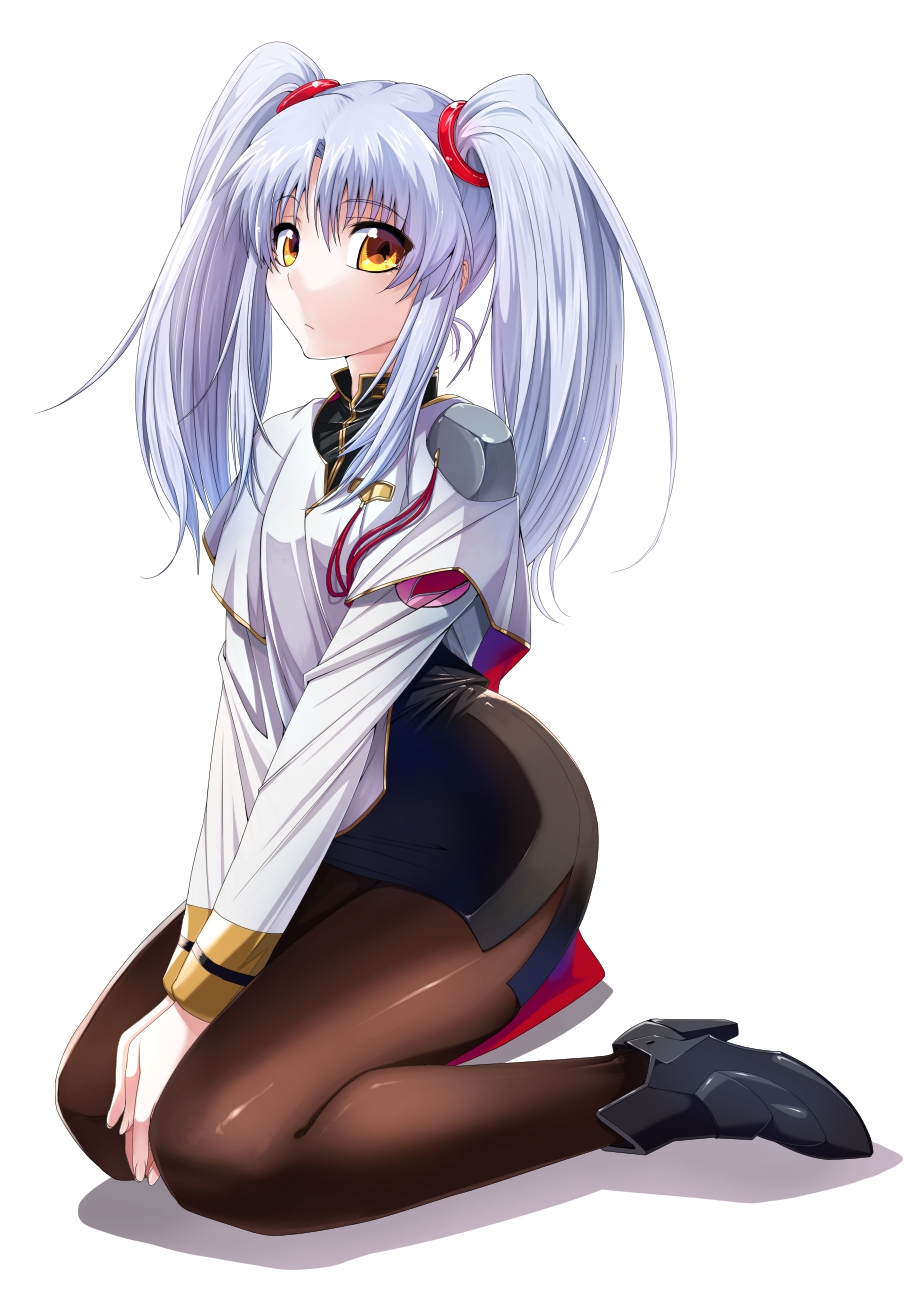 1girl black_legwear dress highres hoshino_ruri kidou_senkan_nadesico kidou_senkan_nadesico_-_prince_of_darkness long_hair looking_at_viewer okiguro pantyhose pencil_dress pencil_skirt seiza sitting skirt solo twintails uniform white_hair yellow_eyes