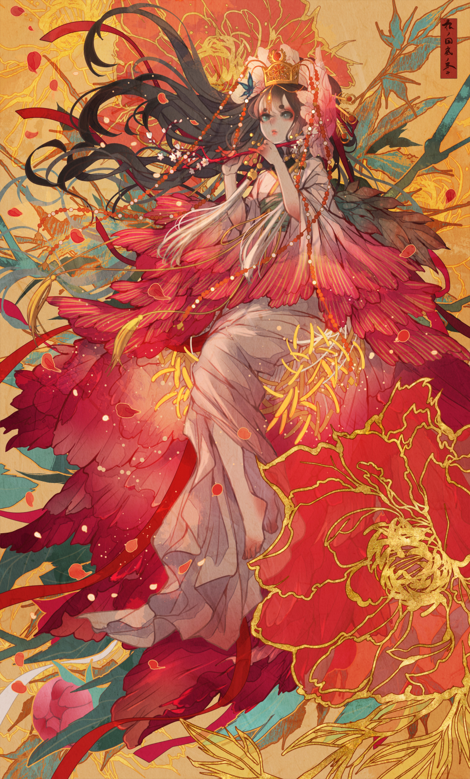 1girl barefoot black_hair blue_eyes bug butterfly crown dress flower full_body highres insect long_hair nanahara_shie original very_long_hair white_dress wide_sleeves