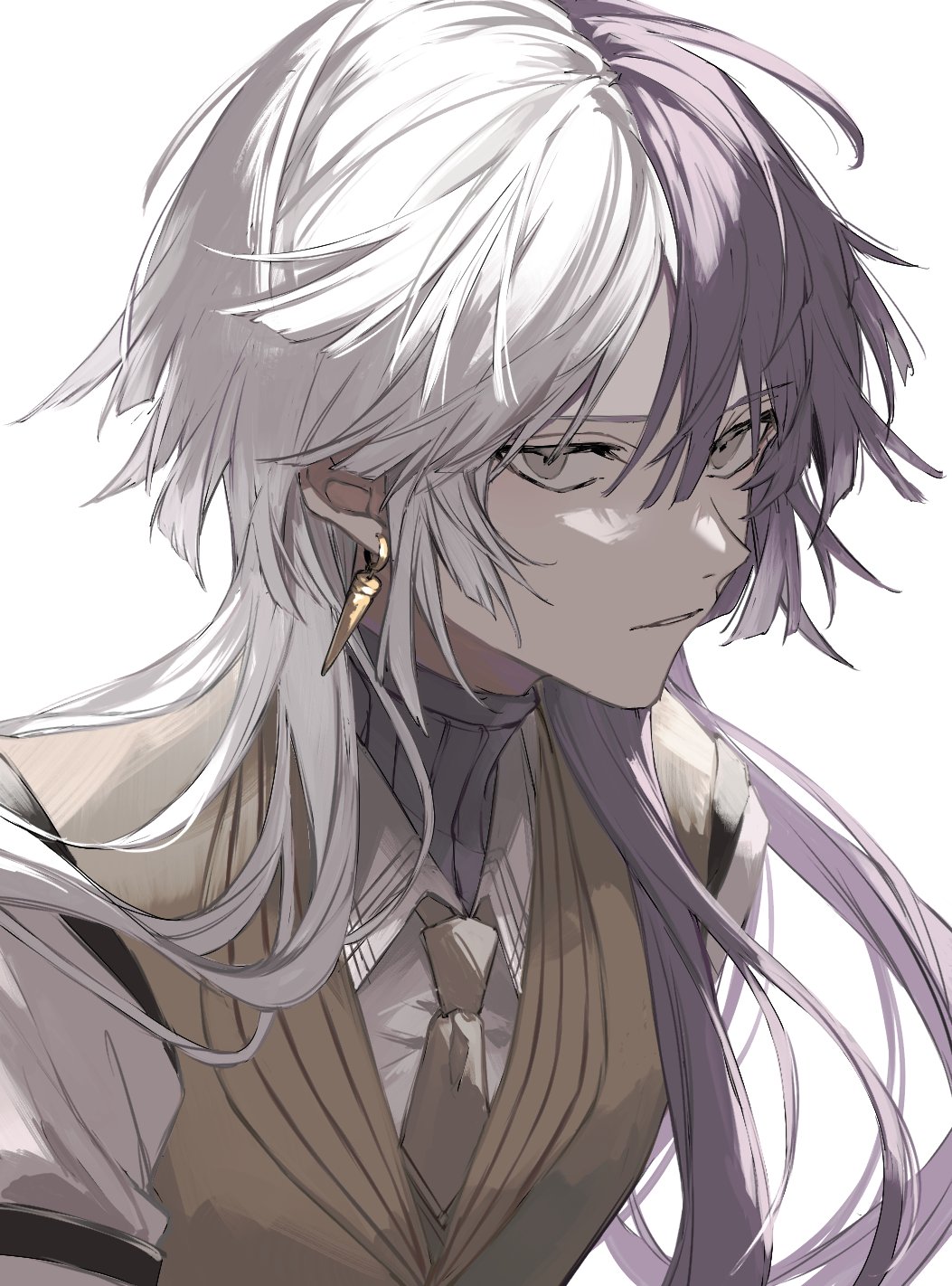 1boy arm_strap brown_necktie brown_vest bungou_stray_dogs commentary earrings grey_eyes grey_sweater highres jewelry long_hair long_sleeves looking_at_viewer male_focus multicolored_hair necktie nozz177 parted_lips purple_hair shirt sigma_(bungou_stray_dogs) simple_background solo split-color_hair sweater two-tone_hair upper_body very_long_hair vest white_background white_hair white_shirt