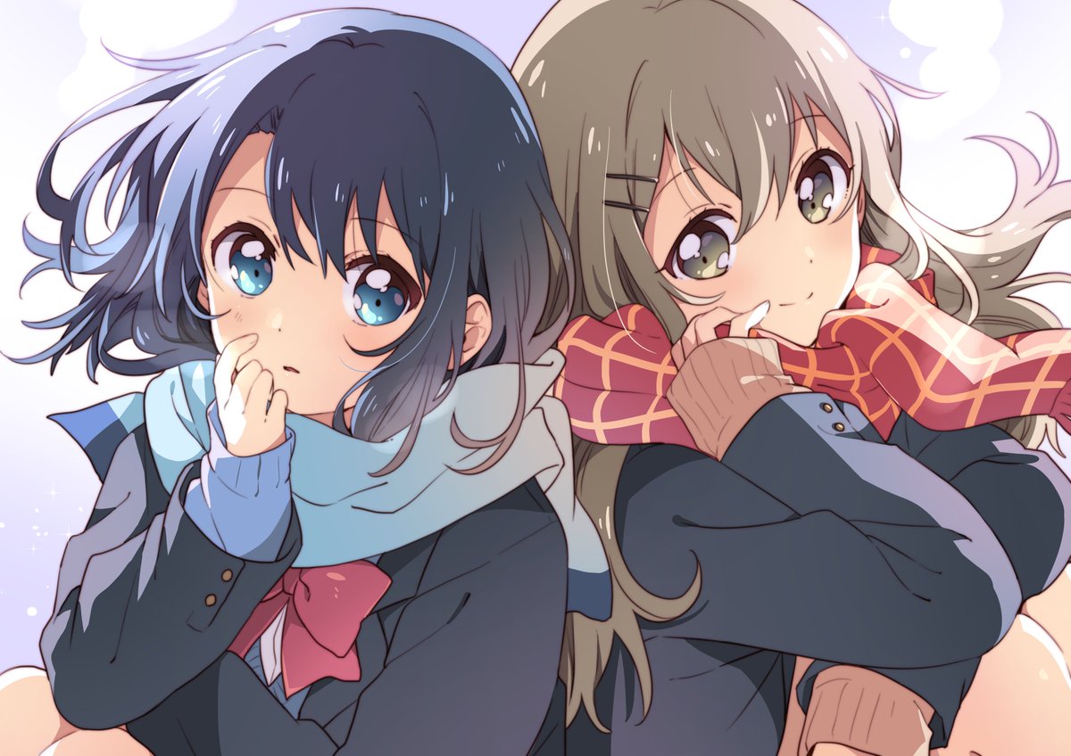 2girls adachi_sakura adachi_to_shimamura back-to-back bangs black_jacket blonde_hair blue_eyes blue_hair blue_scarf bow brown_eyes closed_mouth eyebrows_visible_through_hair hair_between_eyes hair_ornament hairclip jacket knees_up long_hair looking_at_viewer medium_hair multiple_girls namori parted_lips red_neckwear red_scarf scarf shimamura_hougetsu sitting smile sweater_under_jacket