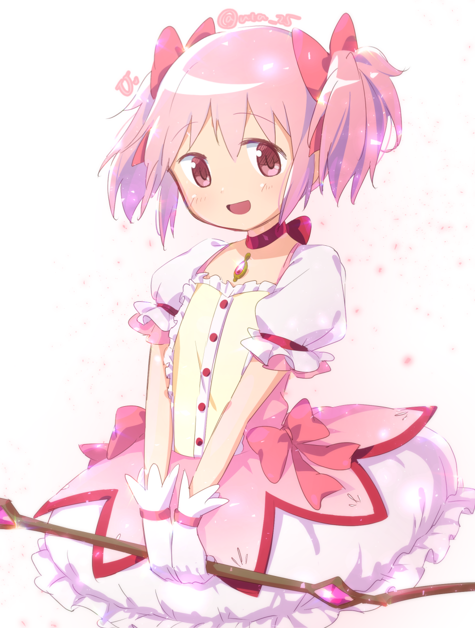 1girl :d artist_name atu bow_(weapon) bubble_skirt choker dot_nose eyebrows_visible_through_hair facing_viewer flat_chest frilled_skirt frilled_sleeves frills glint gloves hair_ribbon hands_together highres holding holding_bow_(weapon) holding_weapon kaname_madoka light_blush light_particles looking_afar mahou_shoujo_madoka_magica open_mouth pink_eyes pink_hair pink_ribbon pink_theme puffy_short_sleeves puffy_sleeves red_choker red_neckwear ribbon ribbon_choker shiny shiny_hair shiny_skin short_sleeves short_twintails simple_background skirt smile solo soul_gem sparkle sparkle_background twintails twitter_username upper_body v_arms weapon white_background white_gloves white_skirt