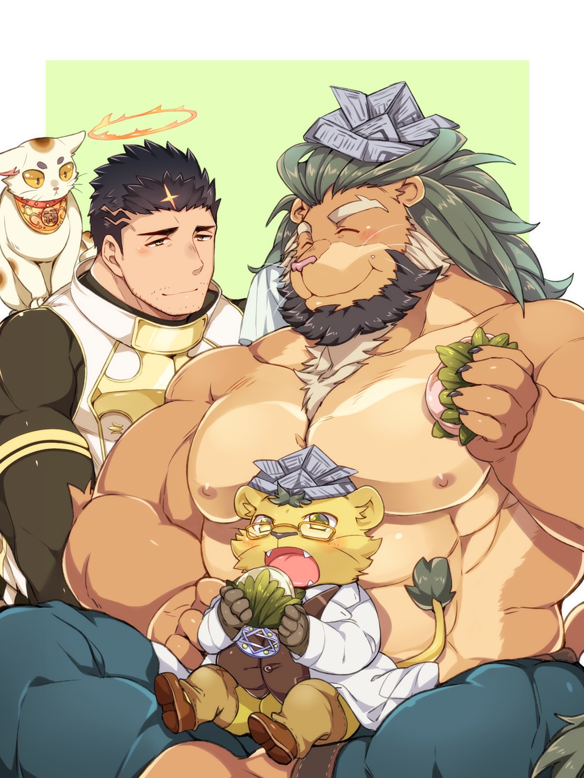 3boys abs animal_ears animal_on_shoulder arsalan_(tokyo_houkago_summoners) bara bare_chest beard black_bodysuit black_hair blush bodysuit brown_fur cat cat_on_shoulder character_request chest chest_hair closed_eyes couple crossed_legs eating facial_hair fingernails furry green_hair halo highres lion_boy lion_ears looking_at_another male_focus medium_hair multiple_boys muscle nipples on_lap open_mouth paper sharp_fingernails shoes short_hair size_difference stubble thick_thighs thighs tokyo_houkago_summoners yellow_eyes yellow_fur youzora_samo18 zabaniya_(tokyo_houkago_summoners)