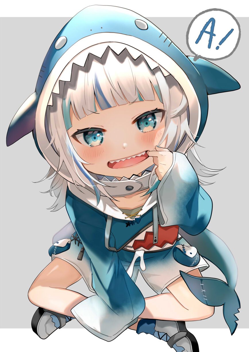 1girl animal_hood bangs blue_eyes blue_hair blue_hoodie blunt_bangs blush catchphrase cheek_pull commentary crossed_legs fangs from_above full_body gawr_gura grey_background highres hololive hololive_english hood indian_style looking_at_viewer medium_hair multicolored_hair open_mouth satoupote shark_hood shark_tail sharp_teeth shoes silver_hair simple_background sitting smile solo speech_bubble symbol_commentary tail teeth two-tone_hair virtual_youtuber white_footwear