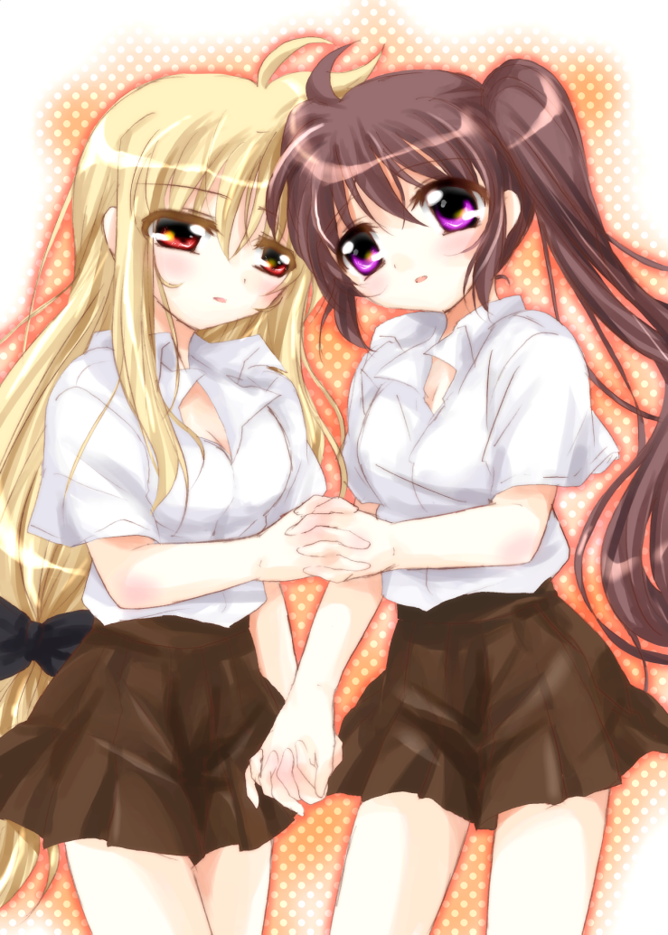 2girls blonde_hair blush brown_hair collared_shirt couple fate_testarossa holding_hands interlocked_fingers long_hair looking_at_another lyrical_nanoha mahou_shoujo_lyrical_nanoha mahou_shoujo_lyrical_nanoha_a's multiple_girls nanashiki red_eyes school_uniform shirt simple_background skirt takamachi_nanoha uniform violet_eyes white_shirt yuri