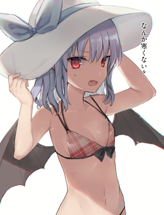 1girl bare_arms bare_shoulders bat_wings bikini black_wings blue_bow blue_hair bow fang flat_chest hat hat_bow long_hair looking_at_viewer nazuka_(mikkamisaki) open_mouth plaid plaid_bikini red_eyes remilia_scarlet simple_background solo sun_hat swimsuit touhou upper_body white_background white_headwear wings