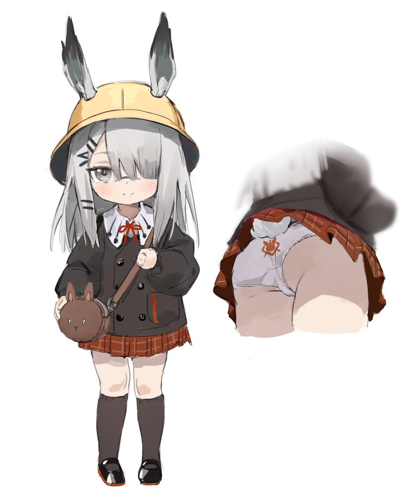 1girl animal_ears arknights bag bangs ears_through_headwear eyebrows_visible_through_hair facial_scar frostnova_(arknights) full_body grey_eyes hair_between_eyes hair_over_one_eye hat kindergarten_bag kindergarten_uniform long_hair long_sleeves looking_at_viewer mamemena multiple_views nose_scar panties rabbit_ears scar school_hat simple_background skirt smile underwear white_background white_panties yellow_headwear younger