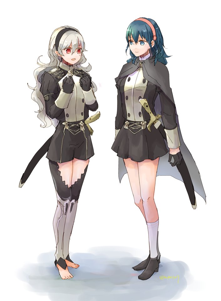 2girls barefoot black_gloves black_hairband blue_eyes blue_hair byleth_(fire_emblem) byleth_eisner_(female) closed_mouth corrin_(fire_emblem) corrin_(fire_emblem)_(female) fire_emblem fire_emblem:_three_houses fire_emblem_fates garreg_mach_monastery_uniform gloves hairband long_hair long_sleeves multiple_girls open_mouth pointy_ears red_eyes robaco scabbard sheath sheathed simple_background socks sword twitter_username uniform weapon white_background white_hair white_legwear