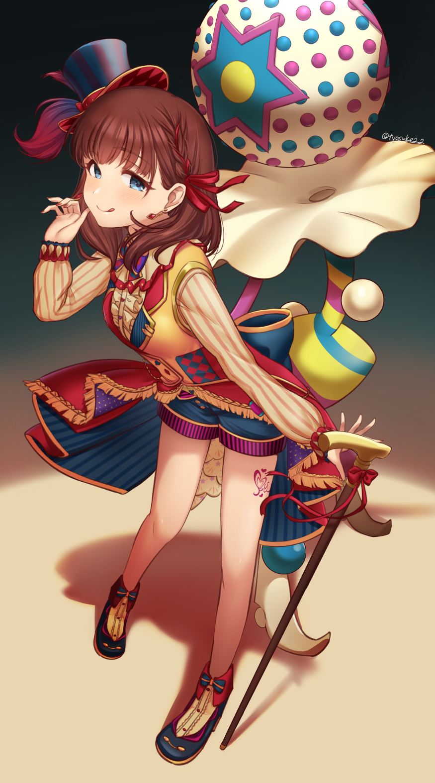 1girl :q artist_name bare_legs blacephalon brown_hair cane chiyosuke_(nosuke21) commentary_request earrings full_body gen_7_pokemon hair_ribbon hand_up hat highres holding holding_cane idolmaster idolmaster_cinderella_girls jewelry knees long_hair long_sleeves mini_hat pigeon-toed pokemon pokemon_(creature) red_ribbon ribbon sakuma_mayu shoes shorts spread_fingers standing striped tongue tongue_out ultra_beast vertical_stripes vest yellow_vest