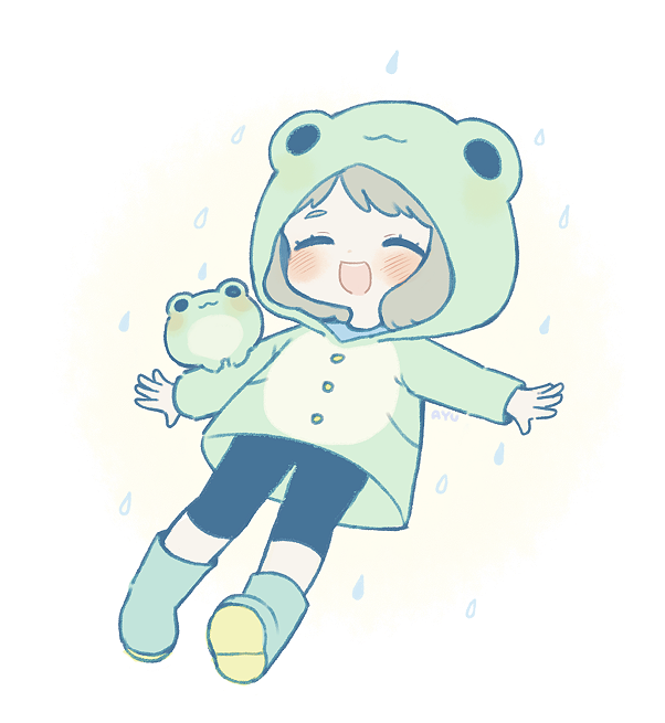 1girl :d animal_hood animal_on_arm ayu_(mog) bike_shorts blush boots closed_eyes commentary frog frog_hood green_footwear hood hood_up long_sleeves open_mouth original rain raincoat rubber_boots signature smile solo symbol_commentary