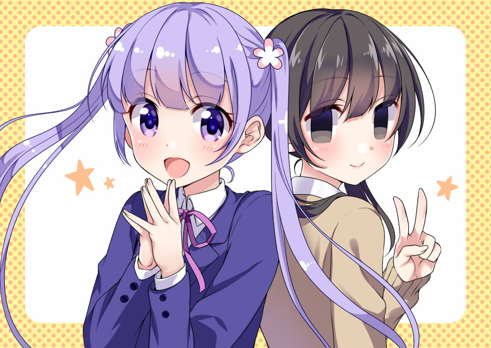 2girls :d bangs black_hair blank_eyes blazer blush brown_cardigan cardigan closed_mouth collared_shirt commentary_request crossover eyebrows_visible_through_hair flower formal hair_flower hair_ornament happy ichinose_haruko jacket light_purple_hair long_hair looking_at_viewer multiple_girls new_game! open_mouth own_hands_together pink_neckwear pink_ribbon purple_hair purple_jacket ribbon school_uniform shirt smile star_(symbol) suit suzukaze_aoba swap_swap tottoto_tomekichi twintails upper_body v violet_eyes white_shirt