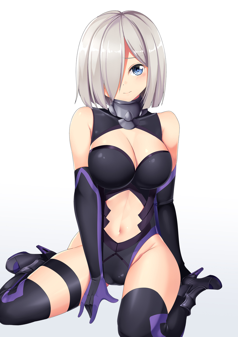 1girl alternate_costume black_gloves black_legwear black_leotard blue_eyes breasts clothing_cutout cosplay elbow_gloves fate/grand_order fate_(series) gloves hair_over_one_eye hamakaze_(kantai_collection) high_heels highres kantai_collection large_breasts leotard mash_kyrielight mash_kyrielight_(cosplay) navel navel_cutout short_hair silver_hair sitting solo thigh-highs wariza yasume_yukito