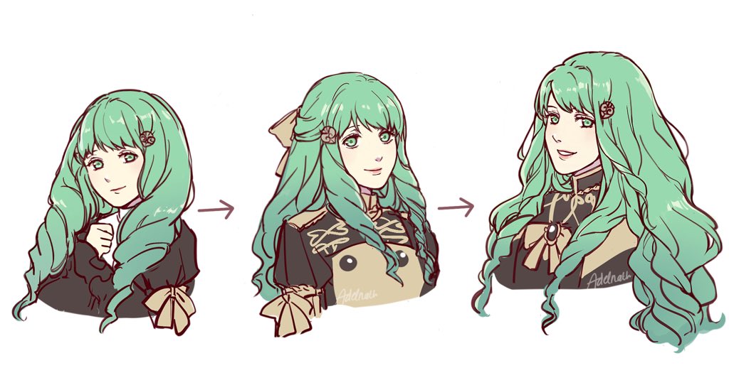 1girl adelnath age_progression bow closed_mouth fire_emblem fire_emblem:_three_houses flayn_(fire_emblem) garreg_mach_monastery_uniform green_eyes green_hair hair_ornament long_hair older parted_lips simple_background smile uniform upper_body white_background