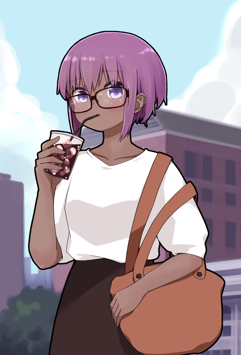 1girl bag bangs bendy_straw black-framed_eyewear black_skirt building collarbone cup dark_skin day disposable_cup drinking_straw eyebrows_visible_through_hair fate/prototype fate/prototype:_fragments_of_blue_and_silver fate_(series) glasses hair_between_eyes hand_up hassan_of_serenity_(fate) highres holding holding_cup i.u.y outdoors purple_hair shirt short_hair short_sleeves skirt solo violet_eyes white_shirt