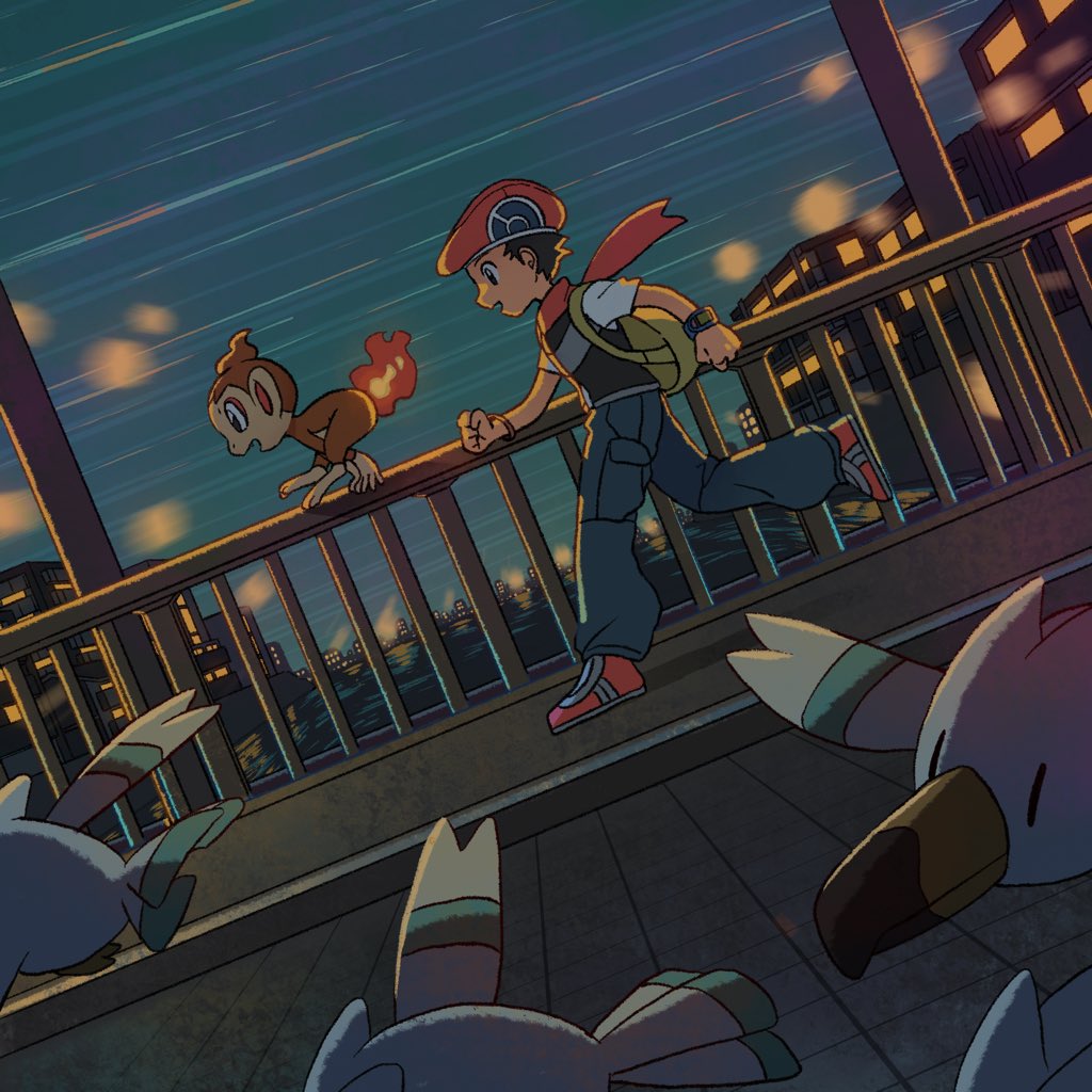 1boy backpack bag black_hair building chimchar clenched_hands commentary fence fire flame gen_3_pokemon gen_4_pokemon hat lucas_(pokemon) night nosutaal open_mouth outdoors pants pokemon pokemon_(creature) pokemon_(game) pokemon_dppt red_headwear red_scarf running scarf shoes short_sleeves wingull