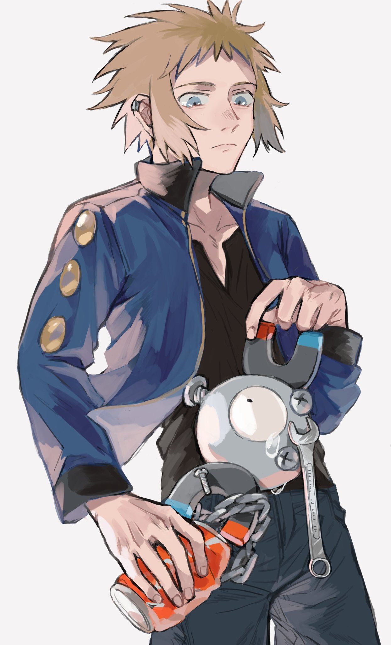 1boy black_shirt blonde_hair blue_jacket chain closed_mouth collarbone commentary_request ear_piercing floating_clothes gen_1_pokemon grey_eyes highres holding holding_pokemon jacket long_sleeves looking_down magnemite magnetism open_clothes open_jacket pants piercing pokemon pokemon_(creature) pokemon_(game) pokemon_dppt popped_collar shirt tin_can tokeru volkner_(pokemon) wrench