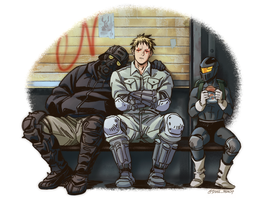 2boys 3boys aikawa_(dorohedoro) bench black_hair blonde_hair character_request couple crossed_arms dorohedoro full_body gloves hair_over_shoulder hand_on_another's_shoulder helmet looking_at_another male_focus multicolored_hair multiple_boys risu_(dorohedoro) shoes short_hair sleeping sleeping_on_person sleeping_upright steel_peach tattoo two-tone_hair