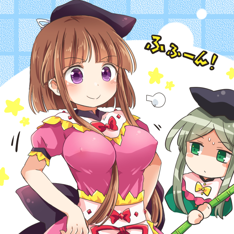 2girls apron bamboo black_headwear blush bow breasts brown_hair dress eyebrows_visible_through_hair green_dress green_eyes green_hair hair_between_breasts hat large_breasts long_bangs looking_at_breasts multiple_girls nishida_satono pote_(ptkan) see-through_dress short_hair_with_long_locks short_sleeves sidelocks star_(symbol) teireida_mai touhou upper_body violet_eyes