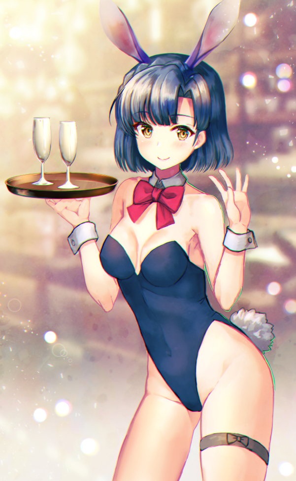 1girl animal_ears blue_hair blue_leotard bow bowtie breasts bunny_tail champagne_flute commentary_request cowboy_shot cup detached_collar drinking_glass fake_animal_ears idolmaster idolmaster_million_live! leotard looking_at_viewer nanao_yuriko playboy_bunny rabbit_ears red_neckwear short_hair small_breasts solo standing strapless strapless_leotard tail tray vesper_(pixiv3568) wrist_cuffs yellow_eyes