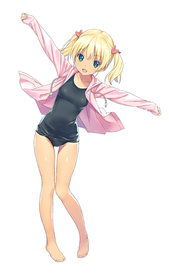 1girl barefoot black_swimsuit blonde_hair blue_eyes breasts commentary_request full_body hair_bobbles hair_ornament jacket koutaro leaning_to_the_side long_hair looking_at_viewer original outstretched_arms pink_jacket school_swimsuit simple_background small_breasts smile solo standing swimsuit twintails white_background