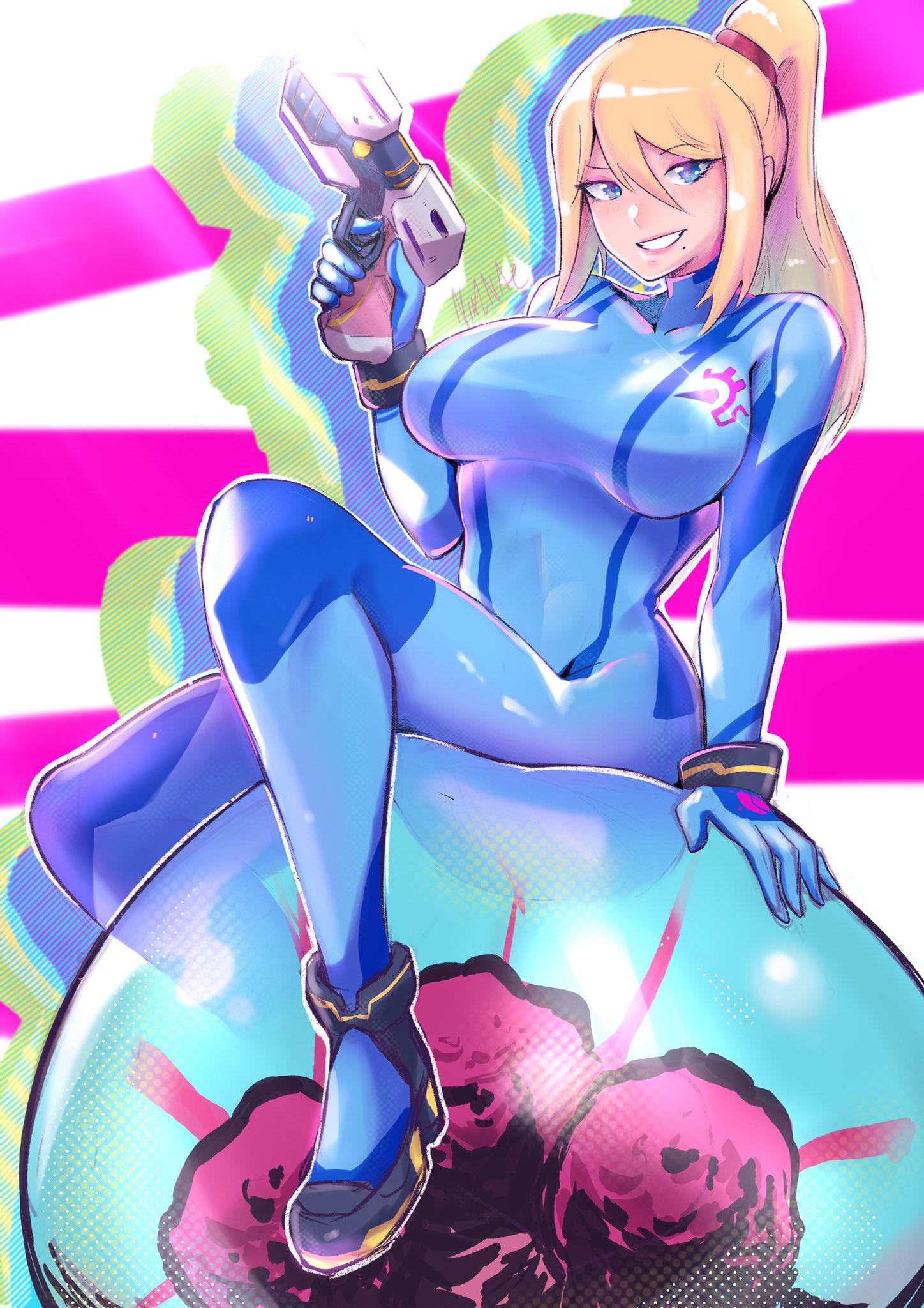1girl bangs blonde_hair blue_bodysuit blue_eyes bodysuit bracelet breasts eyebrows_visible_through_hair full_body gun hair_between_eyes high_heels high_ponytail highres holding holding_gun holding_weapon jewelry large_breasts looking_at_viewer metroid metroid_(creature) mixed-language_commentary mole mole_under_mouth samus_aran shiny shiny_clothes shiny_hair sidelocks signature sitting solo vialnite weapon zero_suit