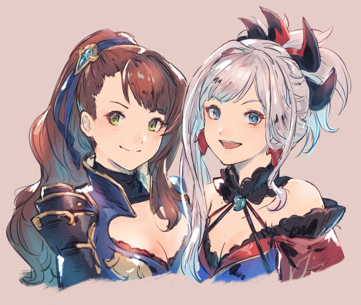 2girls armor asymmetrical_hair bangs bare_shoulders beatrix_(granblue_fantasy) blue_eyes brown_hair collar earrings fate/grand_order fate_(series) granblue_fantasy green_eyes hair_ornament hair_ribbon jewelry long_hair looking_at_viewer magatama_necklace miyamoto_musashi_(fate/grand_order) multiple_girls open_mouth ponytail ribbon shimatani_azu shoulder_armor silver_hair simple_background smile upper_body