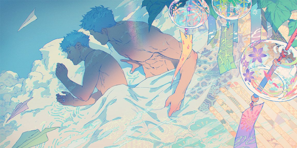 2boys abs bara bare_chest bed_sheet blue_hair cherry_blossoms chest clouds cloudy_sky couple japanese_clothes kimono male_focus multiple_boys muscle navel nipples nude open_clothes open_kimono original paper_airplane penguin_frontier short_hair sky sleeping