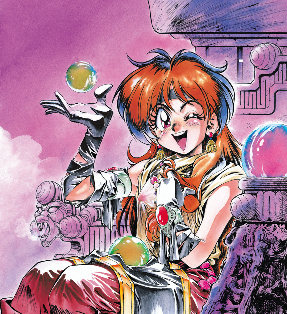 1990s_(style) 1girl amulet araizumi_rui earrings floating floating_object gloves headband jewelry lina_inverse long_hair looking_at_viewer official_art on_lap one_eye_closed open_mouth orb red_eyes redhead sitting slayers solo traditional_media upper_teeth