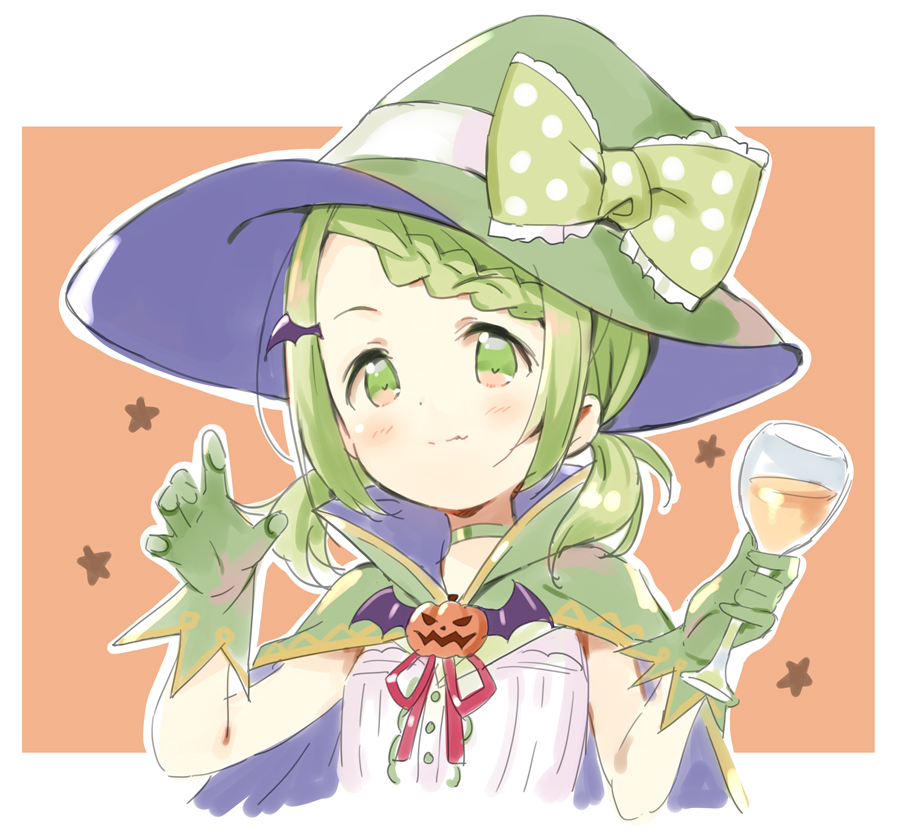 1girl bangs blush bow braid braided_bangs brown_background cape choker closed_mouth cropped_torso cup drink drinking_glass gloves green_bow green_cape green_choker green_eyes green_gloves green_hair green_headwear halloween hands_up hat hat_bow holding holding_cup jack-o'-lantern low_twintails meito_(maze) morinaka_kazaki multicolored multicolored_cape multicolored_clothes neck_ribbon nijisanji outline polka_dot polka_dot_bow purple_cape red_neckwear red_ribbon ribbon shirt short_twintails smile solo star_(symbol) starry_background twintails two-tone_background upper_body virtual_youtuber white_background white_outline white_shirt wine_glass witch_hat