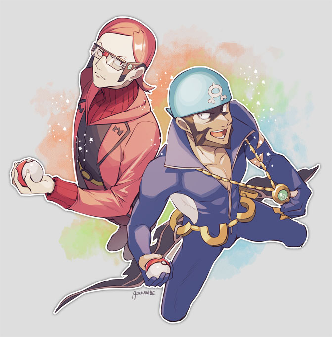 2boys aogiri_(pokemon) aogiri_(pokemon)_(remake) archie_(pokemon) brown_hair closed_mouth commentary_request facial_hair glasses holding holding_poke_ball jewelry kusuribe long_sleeves male_focus matsubusa_(pokemon) matsubusa_(pokemon)_(remake) maxie_(pokemon) multiple_boys necklace open_mouth orange_hair poke_ball poke_ball_(basic) pokemon pokemon_(game) pokemon_oras sideways_glance signature smile teeth tongue