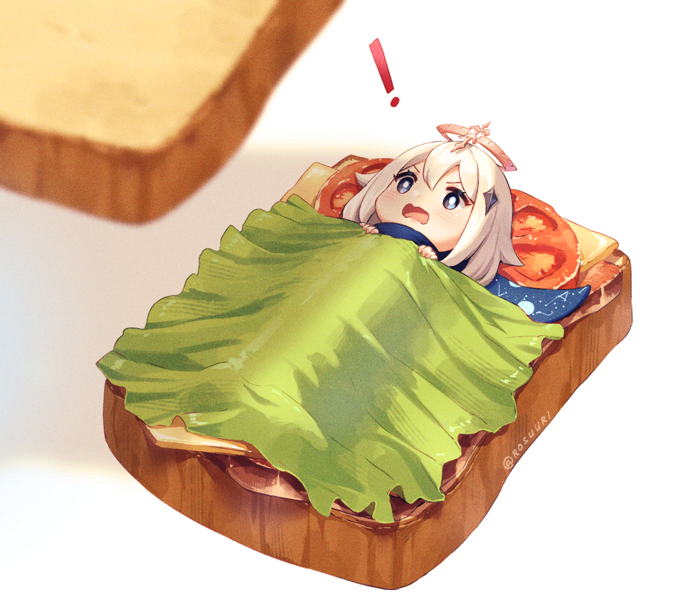 ! 1girl blue_eyes bread english_commentary food genshin_impact hair_ornament halo in_food lettuce minigirl open_mouth paimon_(genshin_impact) rosuuri sandwich short_hair solo tomato twitter_username white_hair