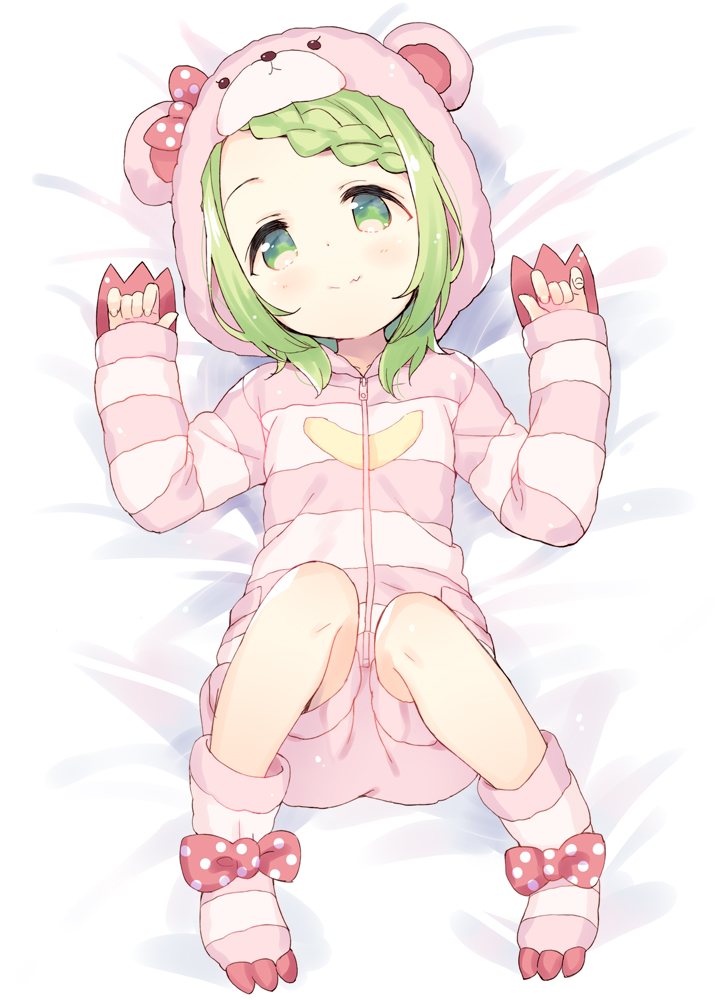 1girl animal_ears animal_hood bangs bear_ears bear_hood bed_sheet blush bow braid braided_bangs closed_mouth fake_animal_ears fang fang_out fingernails full_body green_eyes green_hair hands_up head_tilt hood hood_up hooded_jacket jacket knees_up long_sleeves lying meito_(maze) morinaka_kazaki nijisanji no_shoes on_back pink_jacket pink_legwear pink_shorts polka_dot polka_dot_bow red_bow short_shorts shorts sleeves_past_wrists smile socks solo striped striped_jacket striped_legwear swept_bangs virtual_youtuber