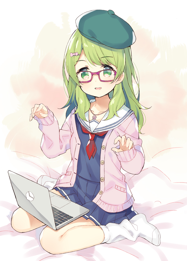 1girl bangs beret blue_shirt blue_skirt blush bow cardigan collarbone computer eyebrows_visible_through_hair fingernails full_body glasses green_eyes green_hair green_headwear hair_bow hair_ornament hairclip hands_up hat jewelry laptop long_sleeves looking_at_viewer loose_socks meito_(maze) morinaka_kazaki neckerchief nijisanji no_shoes open_cardigan open_clothes parted_lips pendant pink_bow pink_cardigan pleated_skirt purple-framed_eyewear red_neckwear sailor_collar school_uniform serafuku shirt sitting skirt sleeves_past_wrists smile socks solo tilted_headwear virtual_youtuber wariza white_legwear white_sailor_collar