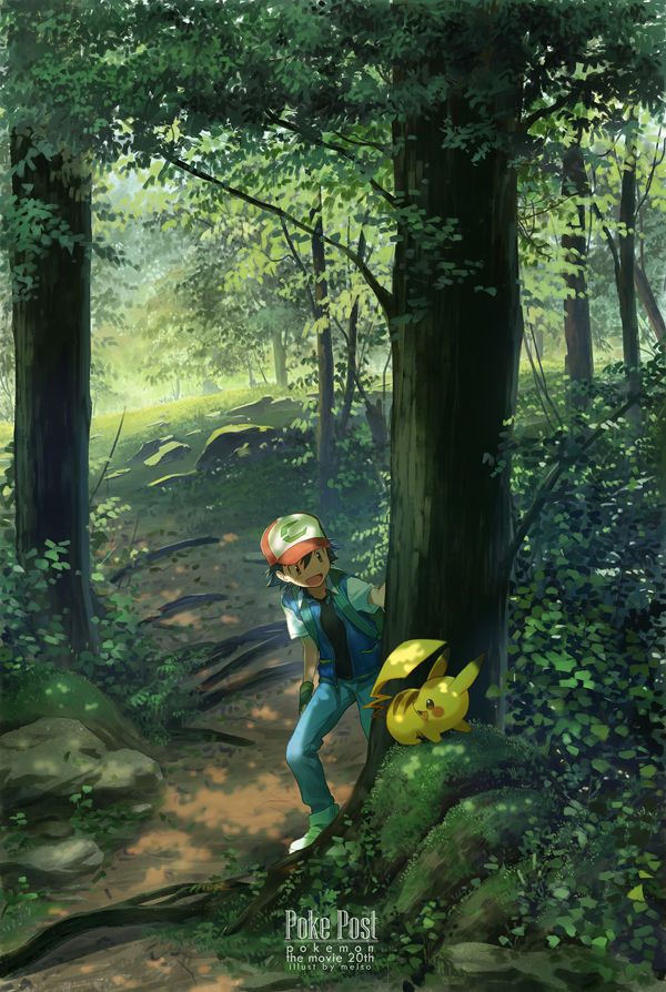 1boy ash_ketchum backpack bag bangs baseball_cap black_hair copyright_name day denim forest gen_1_pokemon gloves hat jacket jeans melso nature open_mouth outdoors pants path pikachu pokemon pokemon_(anime) pokemon_(creature) pokemon_m20 rock short_sleeves smile standing tongue tree