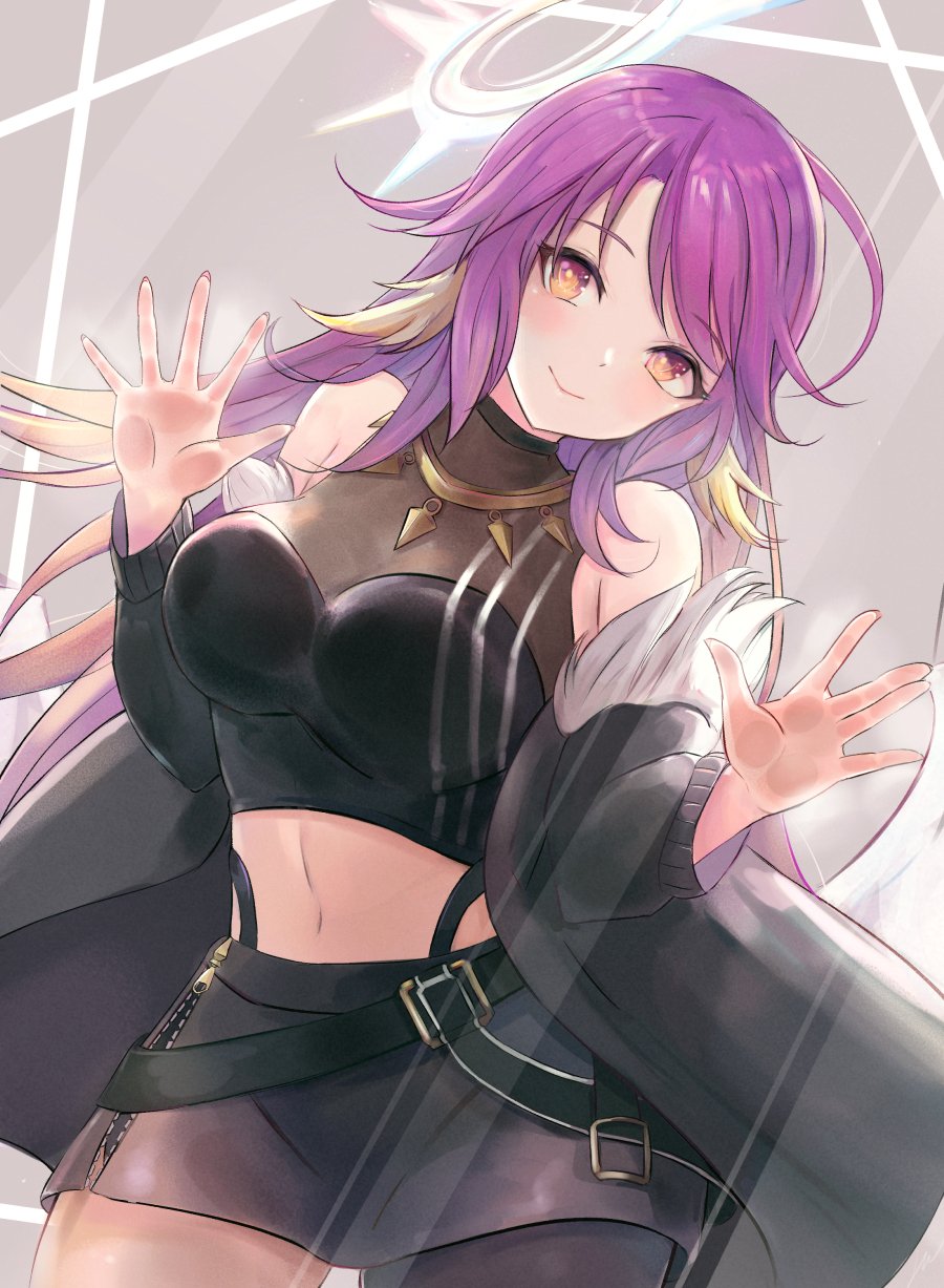 1girl angel_wings bare_shoulders black_jacket black_skirt breasts closed_mouth commentary commission cosplay crop_top english_commentary feathered_wings fur-trimmed_jacket fur_trim gradient_eyes gradient_hair halo highres hololive jacket jewelry jibril_(no_game_no_life) large_breasts leonmandala long_hair looking_at_viewer low_wings magic_circle midriff multicolored multicolored_eyes multicolored_hair navel necklace no_game_no_life pink_eyes pink_hair see-through shishiro_botan shishiro_botan_(cosplay) single_thighhigh skirt smile solo thigh-highs very_long_hair white_wings wing_ears wings yellow_eyes