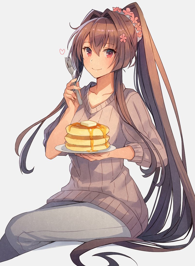 1girl brown_hair brown_sweater butter cherry_blossoms flower food fork grey_background grey_pants hair_flower hair_ornament kantai_collection kasumi_(skchkko) long_hair pancake pants ponytail red_eyes ribbed_sweater simple_background sitting solo stack_of_pancakes sweater syrup yamato_(kantai_collection)