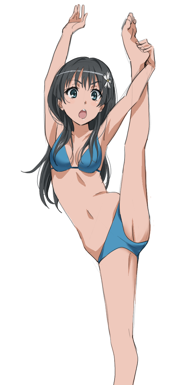 1girl barefoot bikini black_hair blue_bikini breasts commentary_request feet_out_of_frame flower green_eyes hair_flower hair_ornament highres jumpao long_hair looking_at_viewer open_mouth round_teeth saten_ruiko simple_background small_breasts solo split standing standing_on_one_leg standing_split swimsuit teeth to_aru_kagaku_no_railgun to_aru_majutsu_no_index upper_teeth white_background
