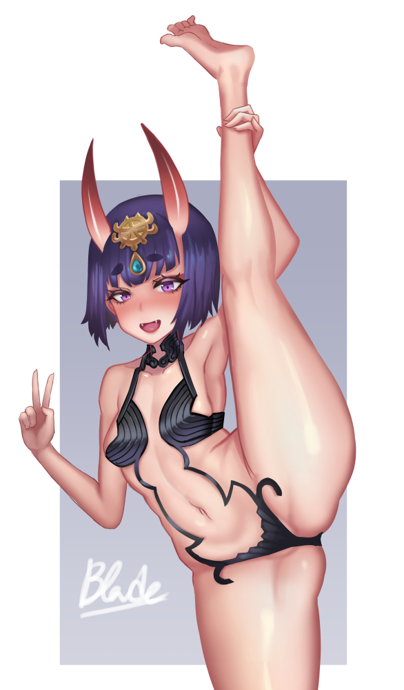 1girl bangs bare_shoulders blush bob_cut breasts collarbone eyeliner fate/grand_order fate_(series) headpiece horns large_breasts leg_lift leg_up looking_at_viewer makeup navel oni oni_horns open_mouth purple_hair qblade revealing_clothes short_hair shuten_douji_(fate/grand_order) skin-covered_horns smile split standing standing_on_one_leg standing_split violet_eyes