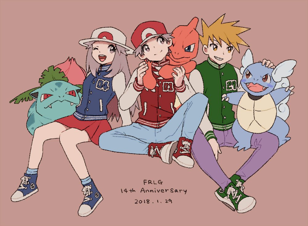 1girl 2boys ;d baseball_cap blue_legwear blue_oak blue_pants brown_hair charmeleon closed_mouth commentary_request copyright_name dated gen_1_pokemon hat ivysaur jacket leaf_(pokemon) long_sleeves multiple_boys one_eye_closed open_mouth orange_hair pants pokemon pokemon_(creature) pokemon_(game) pokemon_frlg pumpkinpan purple_pants red_(pokemon) red_headwear red_skirt shoes skirt smile socks spiky_hair stroking teeth tongue wartortle white_headwear