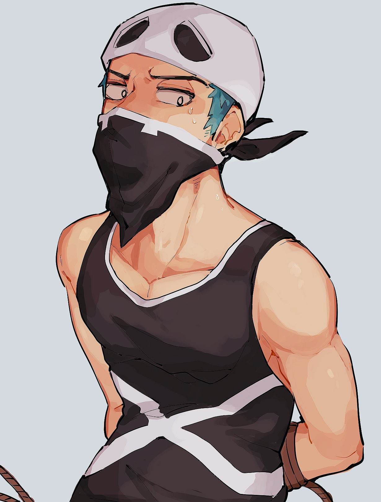 1boy aqua_hair arms_behind_back bandana_over_mouth bare_arms black_tank_top collarbone commentary_request highres male_focus pokemon pokemon_(game) pokemon_sm rope short_hair sideways_glance skull-shaped_hat solo sushi1515 sweat tank_top team_skull team_skull_grunt