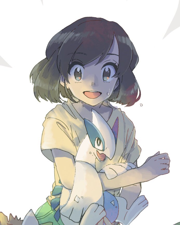 1girl black_hair commentary_request eyebrows_visible_through_hair eyelashes gen_2_pokemon green_shorts holding holding_pokemon legendary_pokemon looking_at_viewer lugia nosutaal open_mouth pokemon pokemon_(creature) pokemon_(game) pokemon_sm selene_(pokemon) shirt short_sleeves shorts smile sweat t-shirt teeth tongue yellow_shirt