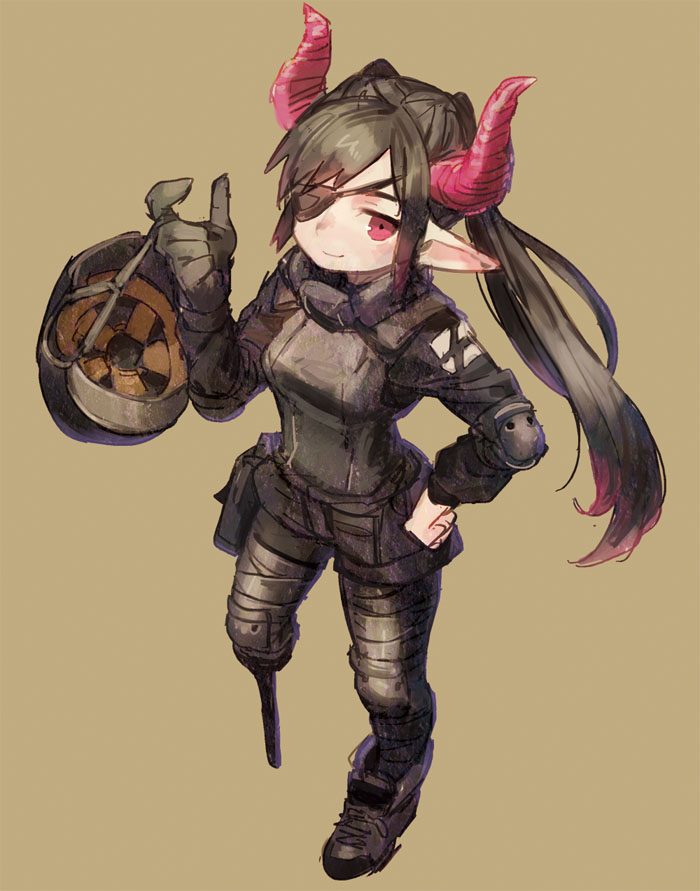 1girl black_hair elbow_pads eyepatch gloves hand_on_hip headwear_removed helmet helmet_removed horns long_hair looking_at_viewer original peg_leg pink_eyes pointy_ears ponytail simple_background single_glove solo zinbei