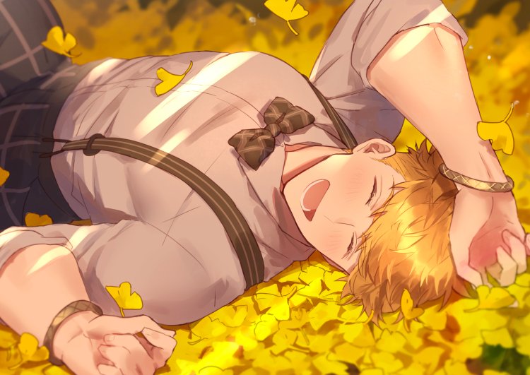 1boy :d ^_^ alternate_costume arm_over_head arm_up black_pants blonde_hair blush bow bowtie closed_eyes formal granblue_fantasy green_eyes happy higashigunkan leaf lying male_focus on_back open_mouth pants short_hair smile solo suspenders toned toned_male vane_(granblue_fantasy) yellow_leaves