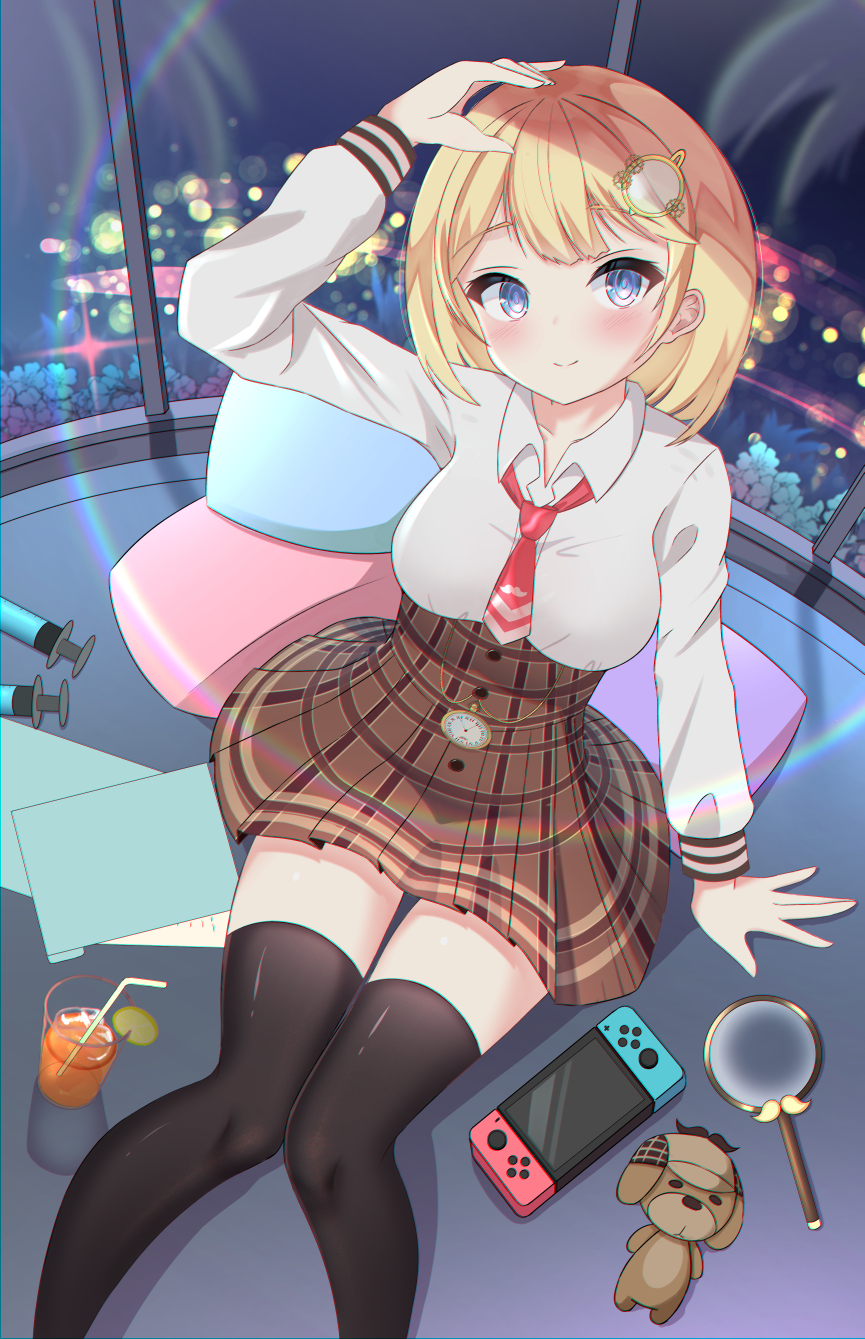 1girl arm_support bangs black_legwear blonde_hair blue_eyes blush breasts brown_skirt bubba_(watson_amelia) city_lights collar collarbone collared_shirt cup cushion dog drinking_straw eyebrows_visible_through_hair folder from_above hand_on_own_head highres hololive hololive_english iced_tea kawaiipony2 light_rays long_sleeves looking_at_viewer magnifying_glass medium_breasts medium_hair monocle necktie night paper plaid plaid_skirt pleated_skirt red_neckwear shirt sidelocks sitting skirt smile solo syringe tea thigh-highs virtual_youtuber watson_amelia white_collar white_shirt window