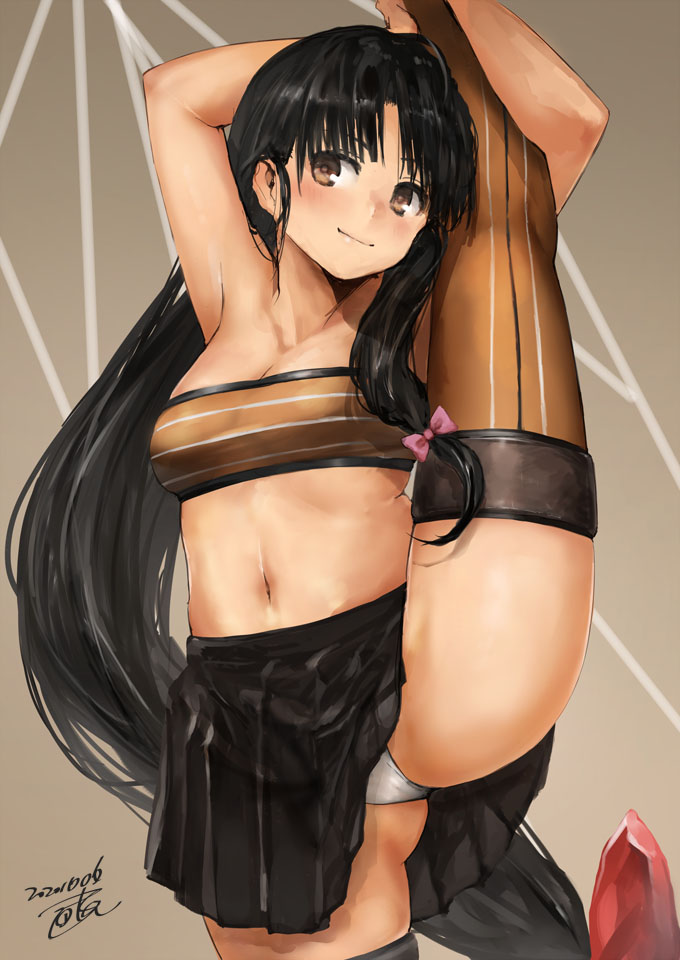 1girl arms_up bandeau bangs black_hair black_skirt blush bow breasts brown_eyes brown_legwear commentary dated hair_bow kantai_collection leg_lift leg_up long_hair low-tied_long_hair medium_breasts midriff navel panties pleated_skirt shouhou_(kantai_collection) signature simple_background skirt sleeveless smile solo split standing standing_on_one_leg standing_split thigh-highs toka_(marchlizard) underwear very_long_hair white_panties